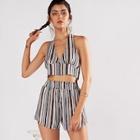 Shein Open Back Striped Halter Top With Shorts
