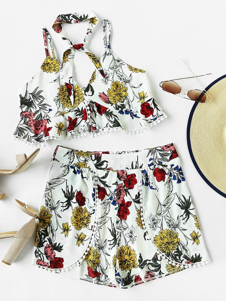 Shein Tie Front Tie Front Frilled Cami And Dot Crochet Wrap Shorts