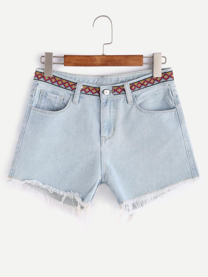Shein Bleach Wash Embroidered Tape Detail Frayed Denim Shorts