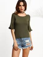 Shein Army Green Lattice-back Ruffle Hem Knit T-shirt