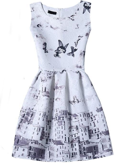 Shein Butterfly And Architecture Print Sleeveless A-line Jacquard Dress