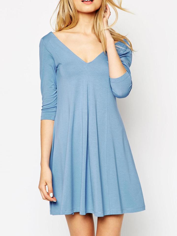 Shein Sky Blue V Neck Flare Dress