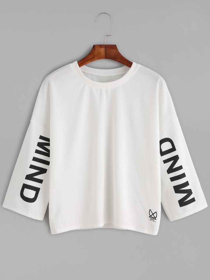 Shein White Letters Print Drop Shoulder Crop Top