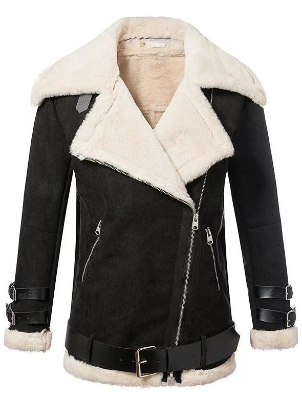 Shein Black Lapel Oblique Zipper Faux Shearling Coat With Belt