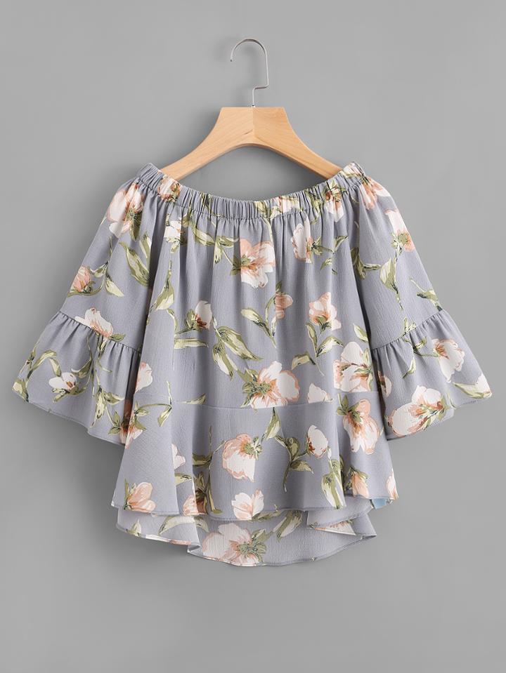 Shein Boat Neck Floral Print Trumpet Sleeve Dip Hem Top
