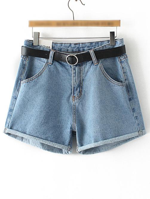 Shein Blue Pockets Zipper Roll Cuff Denim Shorts With Belt