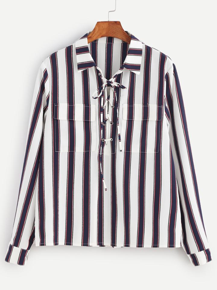 Shein Navy And White Striped Lace Up Pocket Front Blouse
