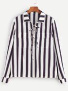 Shein Navy And White Striped Lace Up Pocket Front Blouse