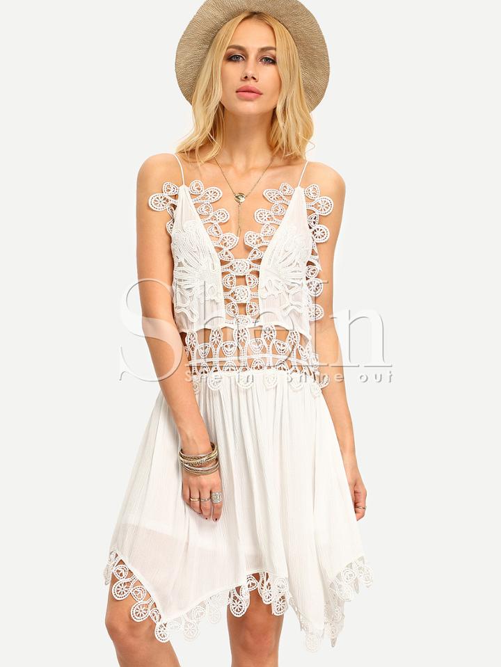 Shein Beige Spaghetti Strap Hollow Crochet Patchwork Asymmetrical Dress