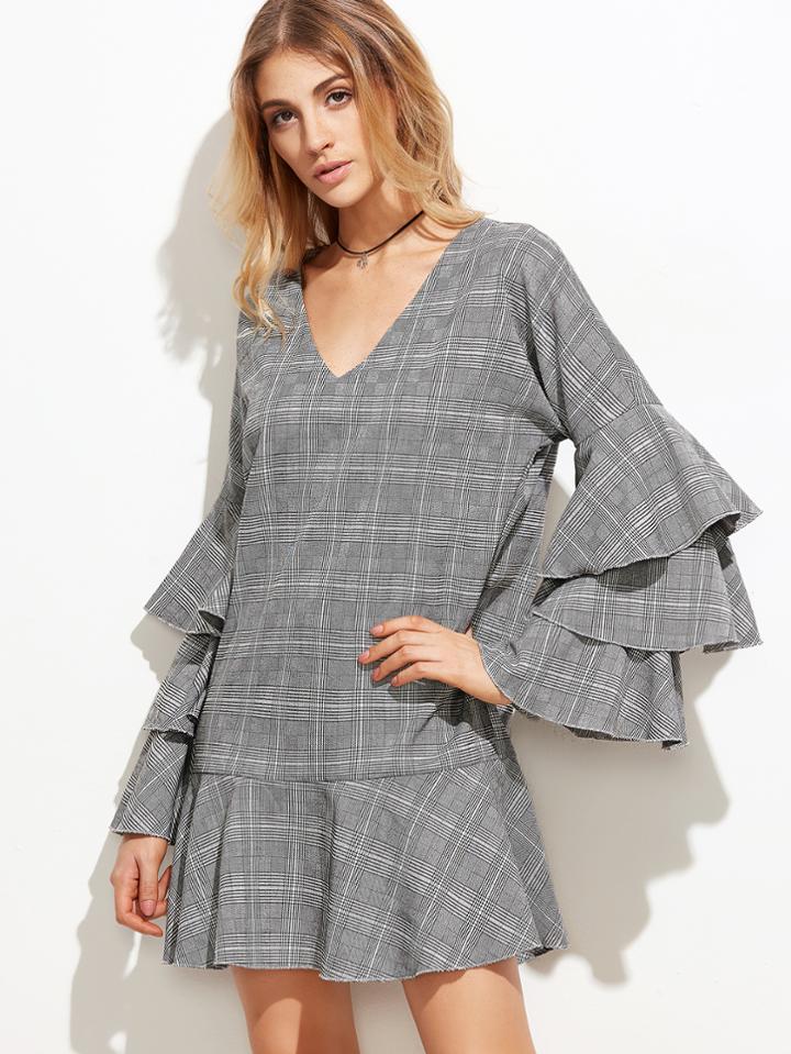 Shein Grey Plaid Layered Bell Sleeve Drop Waist Dress