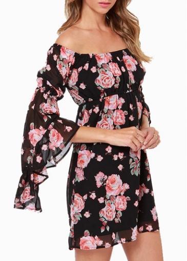 Rosewe Woman Boat Neck Three Quarter Sleeve Chiffon Dress