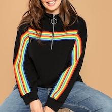 Shein Plus Rainbow Striped O-ring Zip Front Sweatshirt