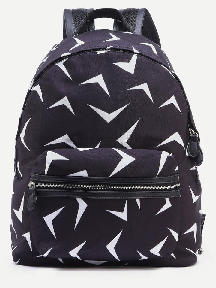Shein Black Triangle Print Star Studded Canvas Backpack