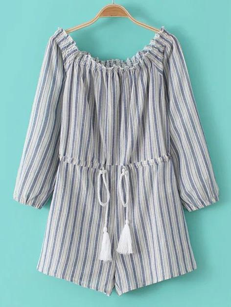 Shein Blue Long Sleeve Smock Stripe Drawstring Jumpsuit