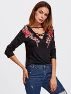 Shein Rose Embroidered Patch Strappy Neck Tee