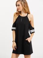 Shein Black Cold Shoulder Half Sleeve Pockets Dress