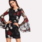 Shein Floral Embroidered Mesh Flounce Sleeve Dress