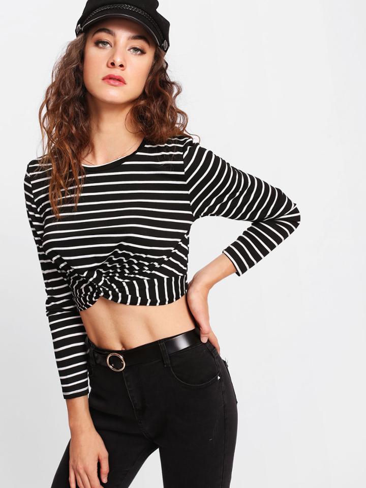 Shein Twist Front Striped Crop Tee