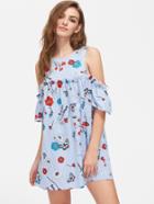Shein Flower And Stripe Print Open Shoulder Ruffle Dress