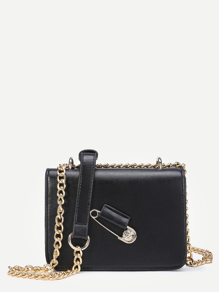 Shein Pin Detail Flap Pu Crossbody Bag With Chain