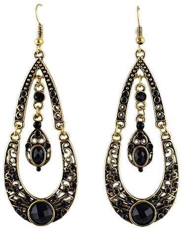 Shein Black Gemstone Gold Drop Dangle Earrings