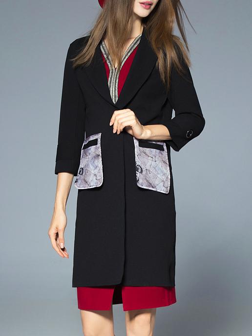 Shein Black Lapel Print Pockets Coat
