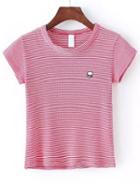 Shein Red Short Sleeve Striped Alien Embroidered T-shirt