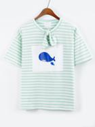 Shein Bow-knot Neck Striped Whale Print T-shirt - Green