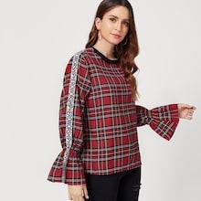 Shein Plaid Letter Print Tape Sleeve Blouse
