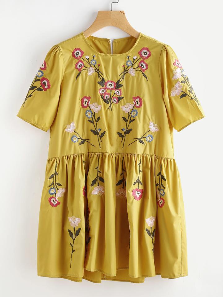 Shein Embroidered Button Keyhole Back Babydoll Dress