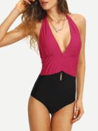 Shein Two-tone Plunge Neck Cutout One-piece Swimwear - Hot Pink