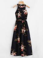 Shein All Over Botanical Print Self Tie Dress