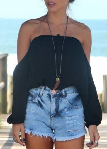 Rosewe Long Sleeve Boat Neck Black Blouse