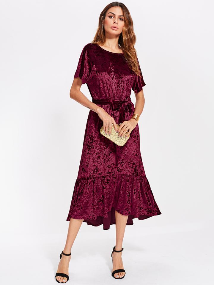 Shein V Back Ruffle Dip Hem Crushed Velvet Dress