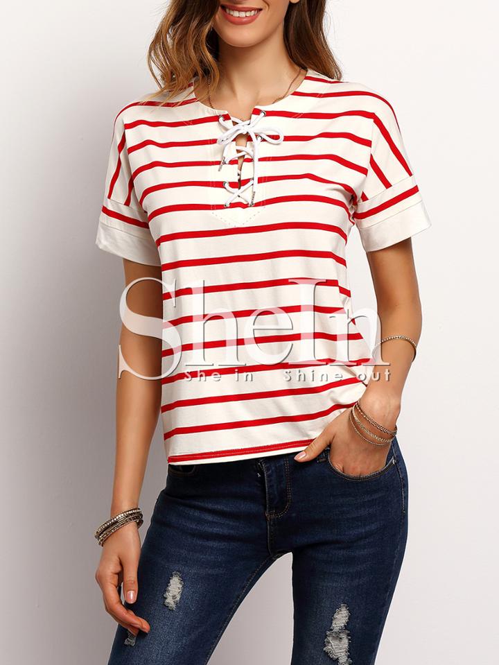 Shein White Red Stripe Lace Up Front T-shirt