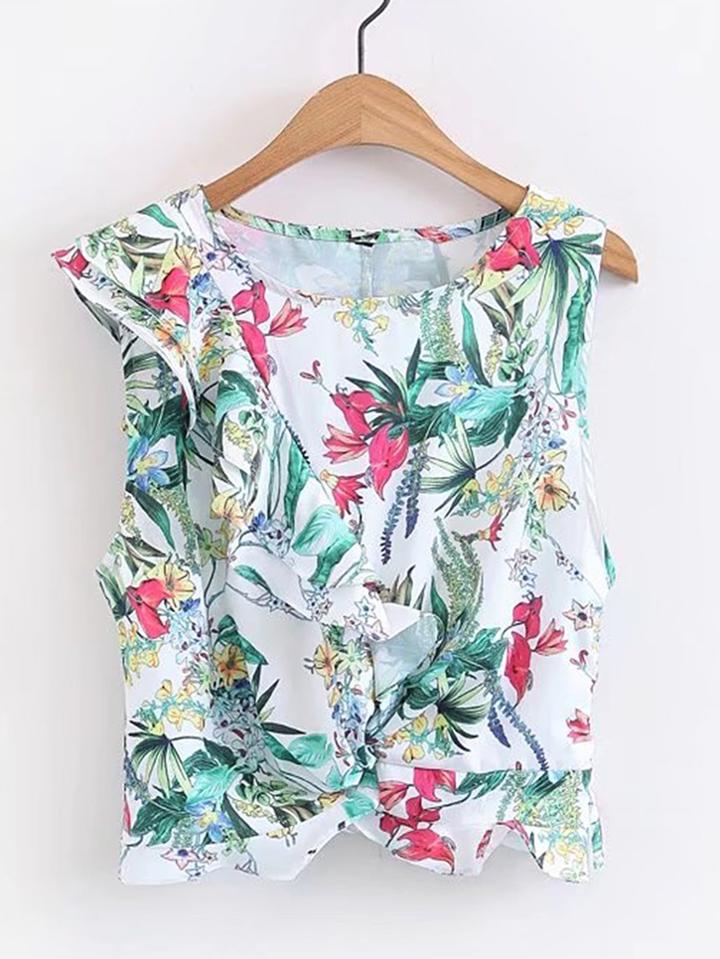Shein Botanical Print Frill Detail Shell Top