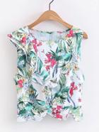 Shein Botanical Print Frill Detail Shell Top