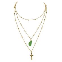 Shein Green Cross Natural Stone Multilayer Necklace Sweater Chain Necklace