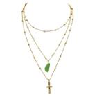 Shein Green Cross Natural Stone Multilayer Necklace Sweater Chain Necklace