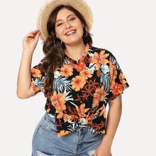 Shein Plus Bow V-neck Tropical Print Top