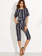 Shein Navy Striped Tie Waist Pockets Jumpsuit
