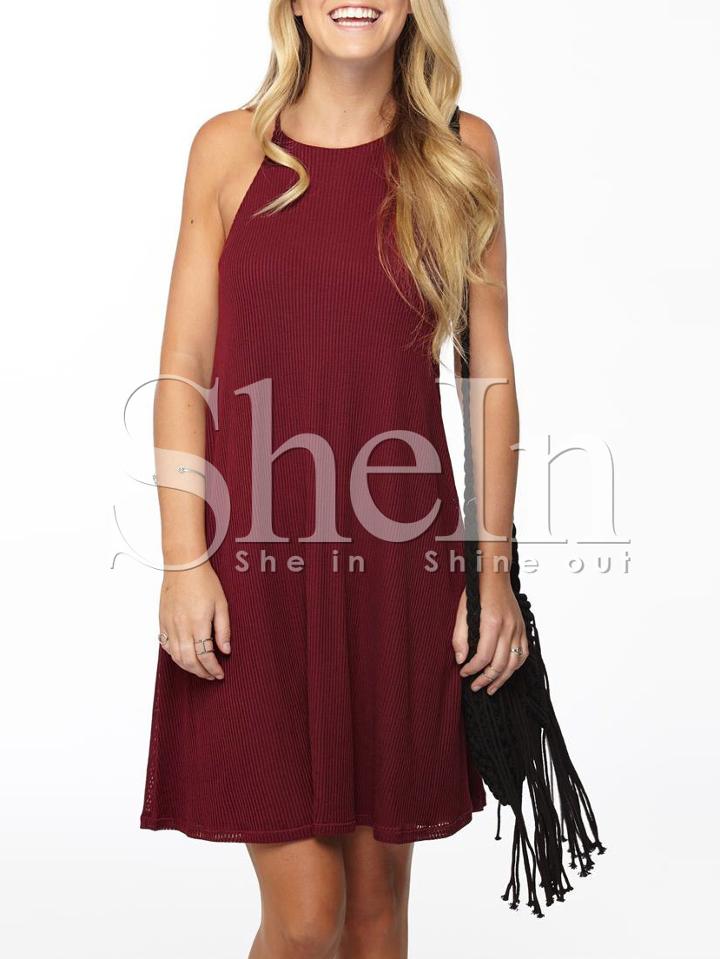 Shein Burgundy Pleated Spaghetti Strap Swing Dress