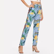 Shein Tropical Print Contrast Striped Side Pants