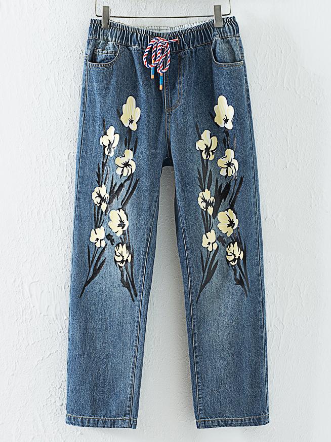 Shein Blue Printed Drawstring Roll-up Jeans