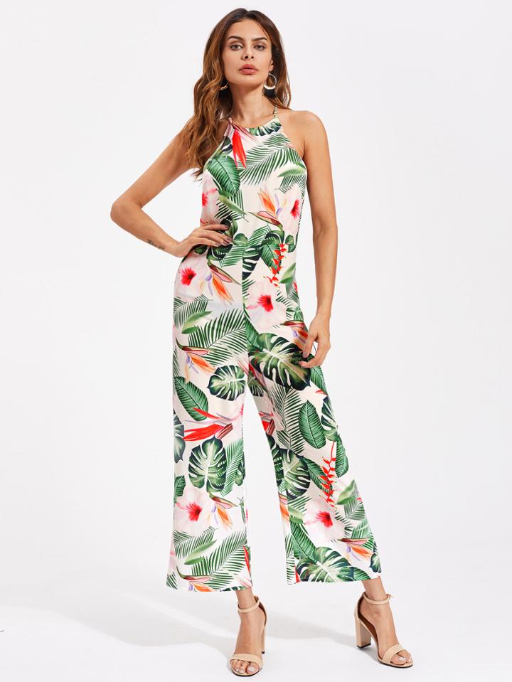 Shein Racer Neck Crisscross Back Tropical Palazzo Jumpsuit