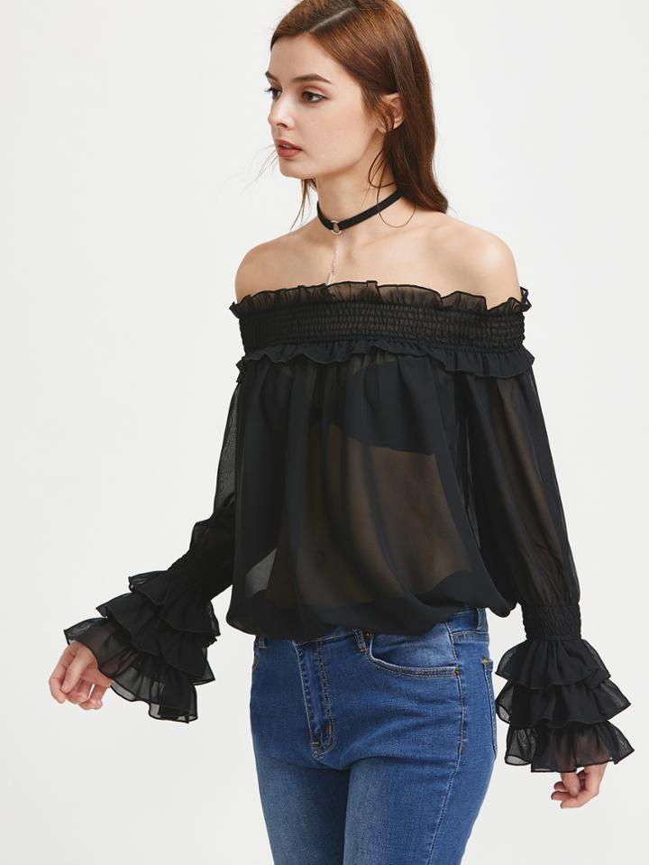 Shein Shirred Off The Shoulder Layered Cuff Semi Sheer Top