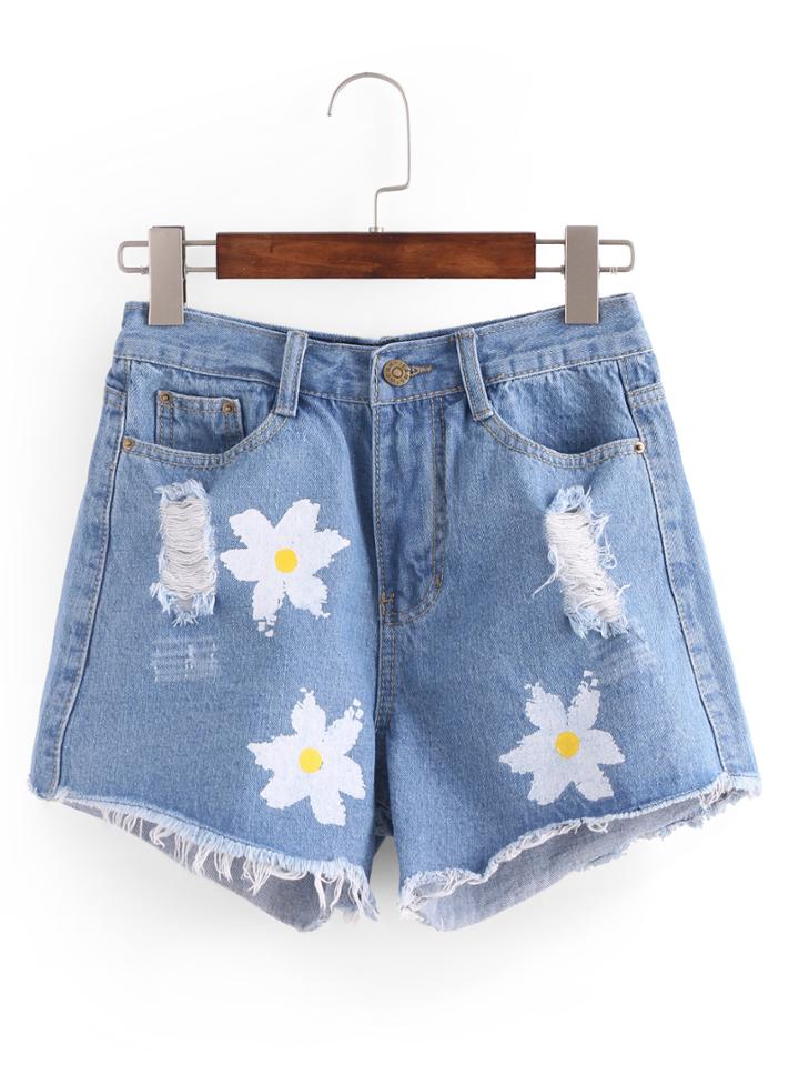 Shein Ripped Flower Print Blue Denim Shorts