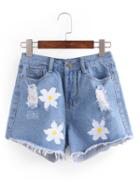Shein Ripped Flower Print Blue Denim Shorts