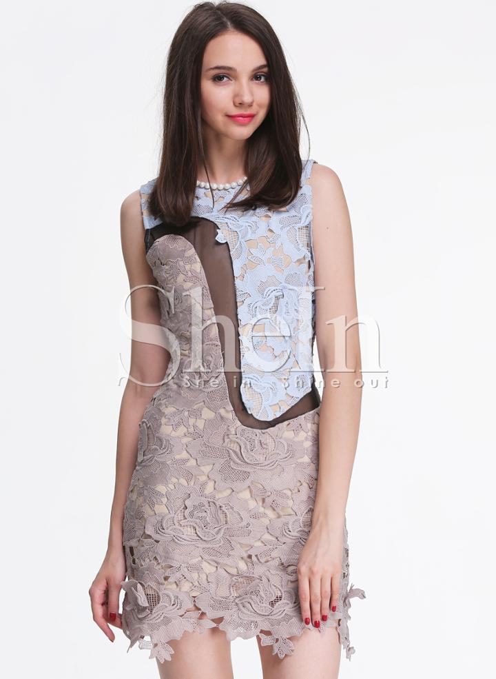 Shein Grey Sleeveless Luxury Deluxe Panoply Gorgeous Splendid Delicate Crochet Lace Dress