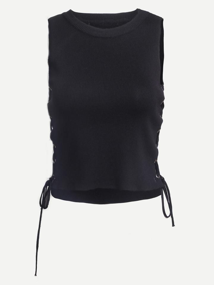 Shein Black Lace-up Knit Sleeveless Crop Top